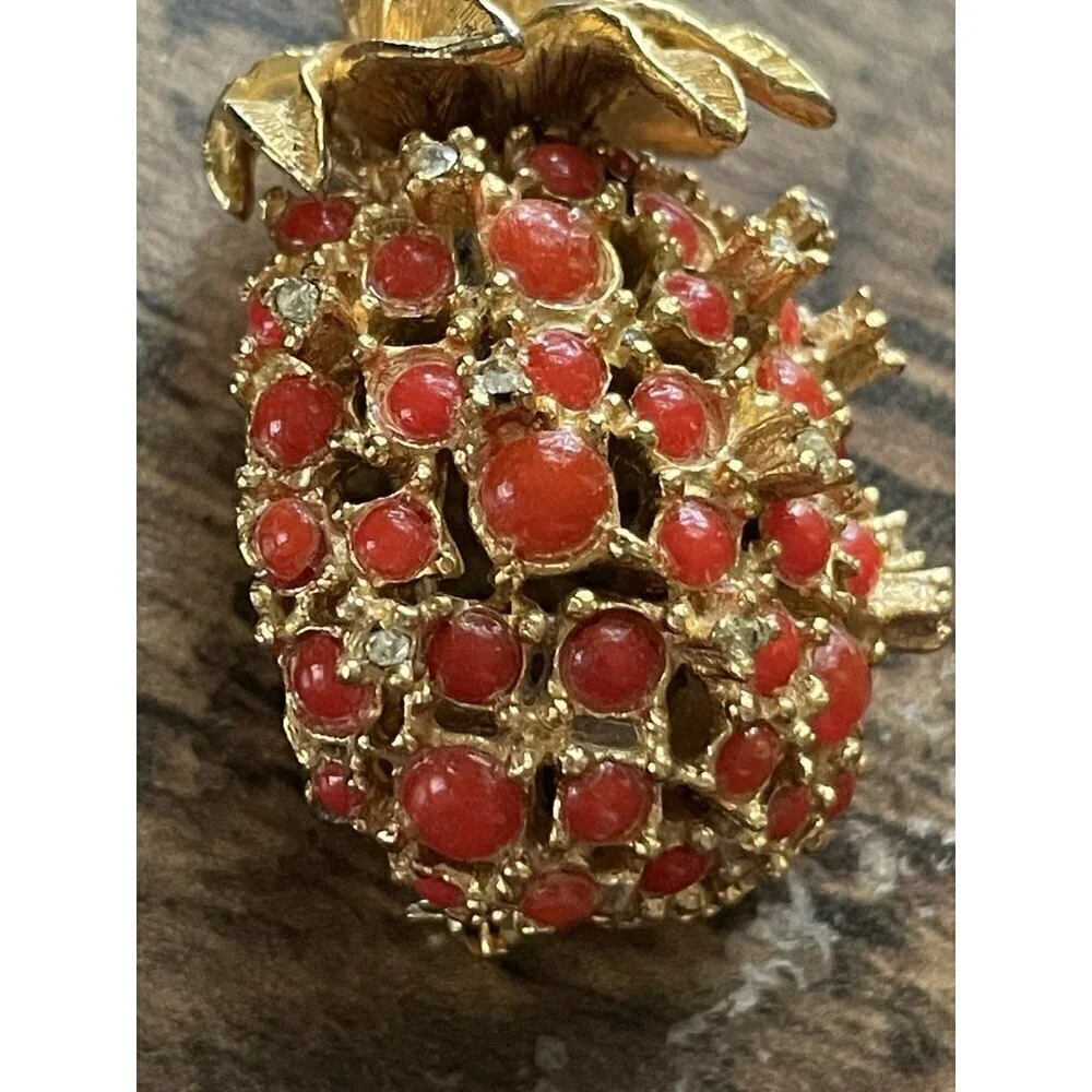 Vintage Alice Caviness Pineapple Brooch Gold Tone Faux Coral Rhinestone Pin